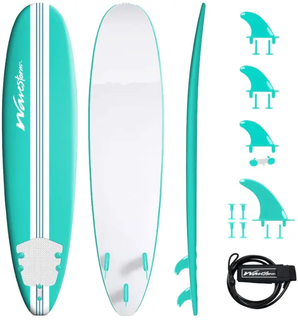 Wavestorm-15th Anniversary Edition Soft Top Foam 8ft Surfboard | for Beginners and All Levels | Includes Accessories | Leash and Multiple Fin Options, Turquoise pinline